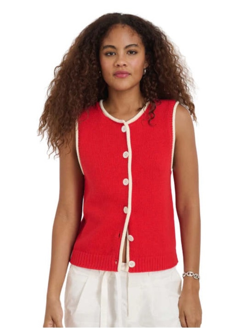 Alex Mill Bridget Tipped Knit Vest Red with Cream Piping Detail 100% Cotton